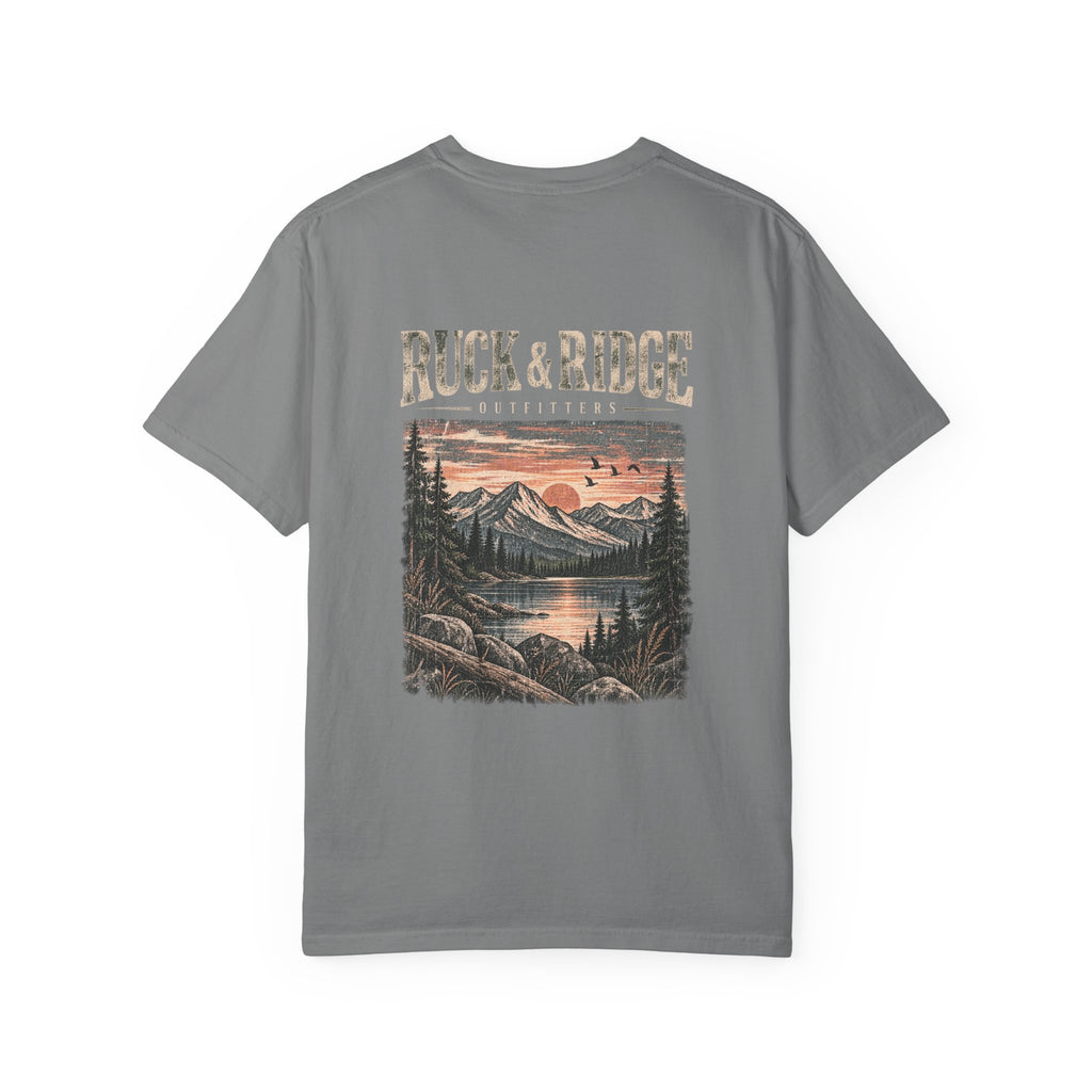 Ruck & Ridge Scenic Mountain T-Shirt — Vintage Lake Sunset Graphic