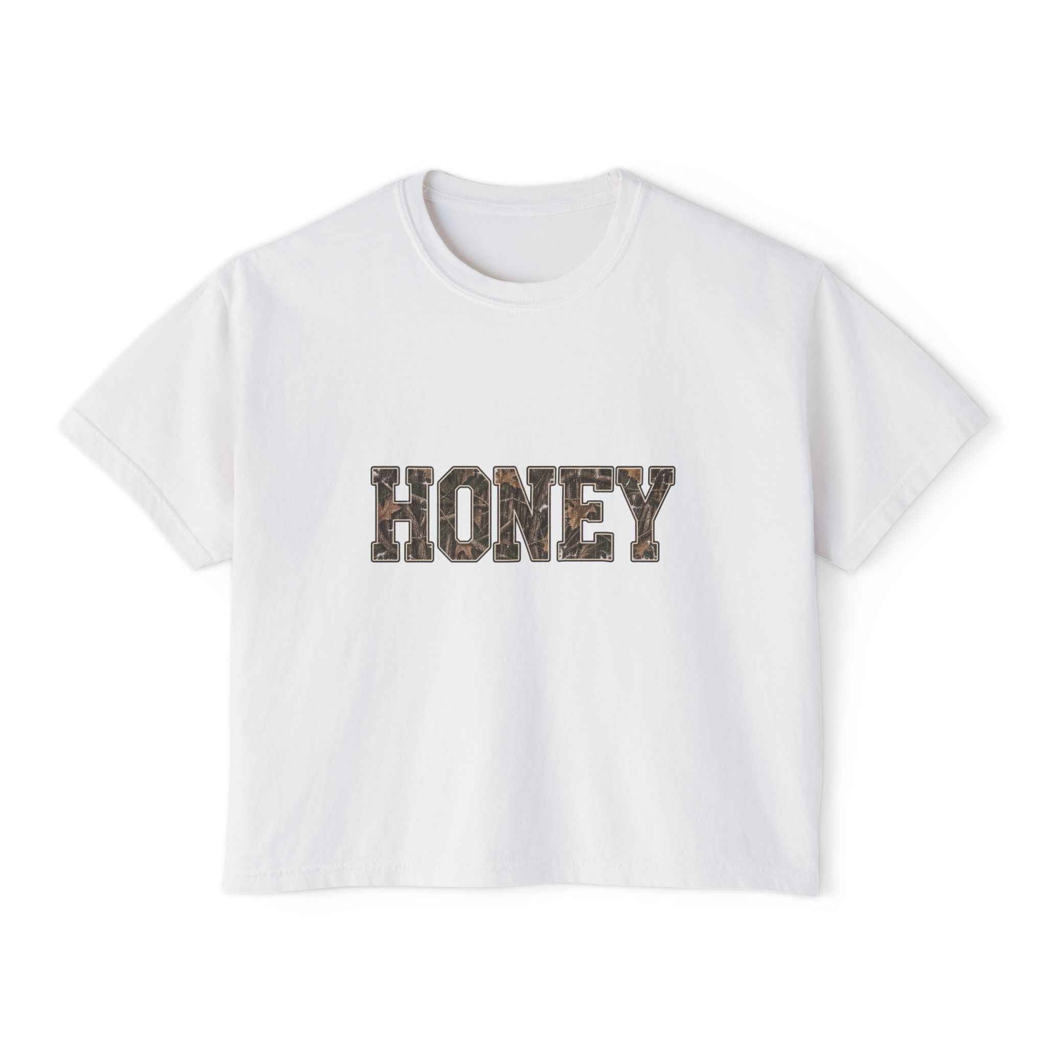 Honey Leopard Women’s Boxy Tee — Casual Graphic Crop T-Shirt