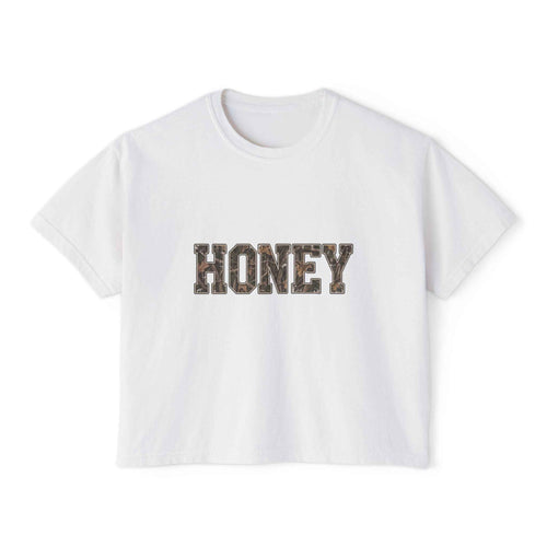 Honey Leopard Women’s Boxy Tee — Casual Graphic Crop T-Shirt