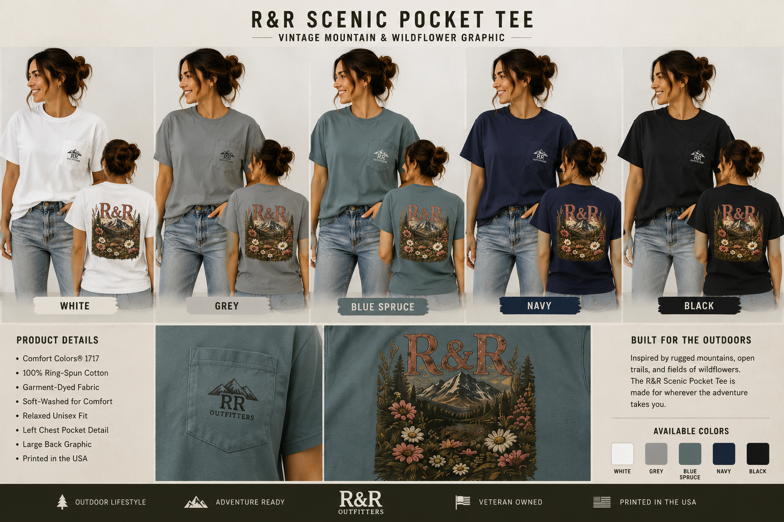 R&R Scenic Pocket T-Shirt — Vintage Mountain & Wildflower Graphic