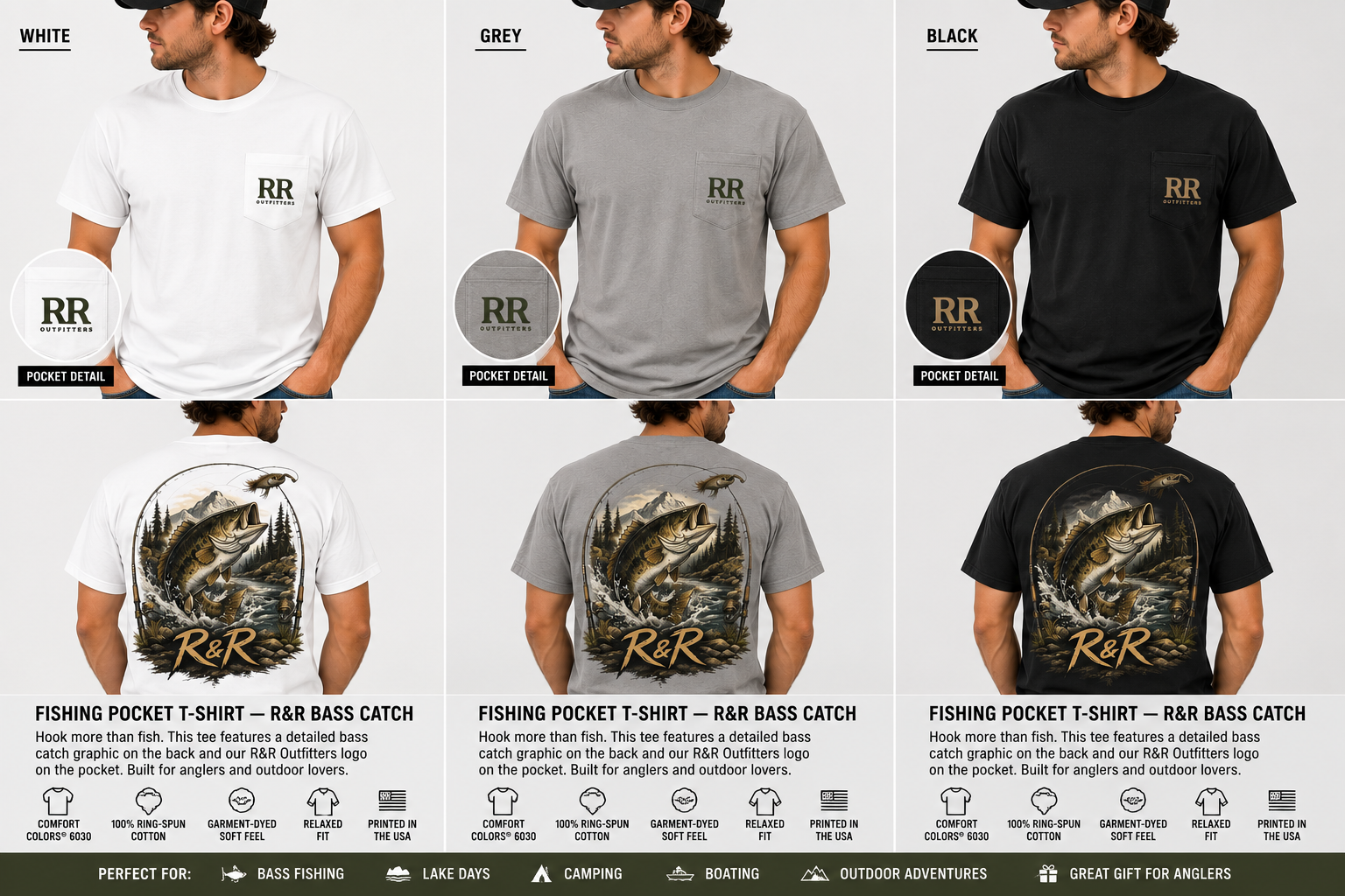 Fishing Pocket T-Shirt — 'R&R' Bass Catch Graphic