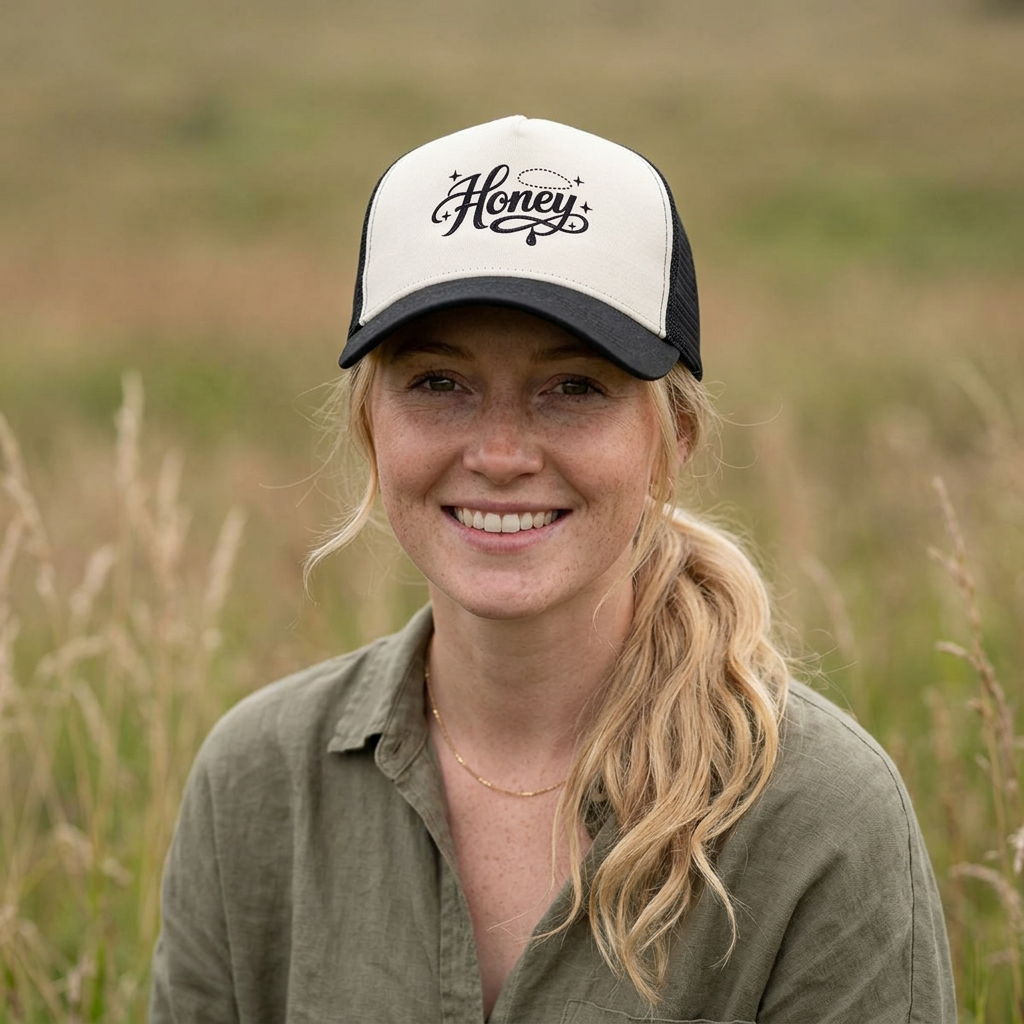 Women's Honey Script Two-Tone Cap — Vintage Handlettered Trucker Hat