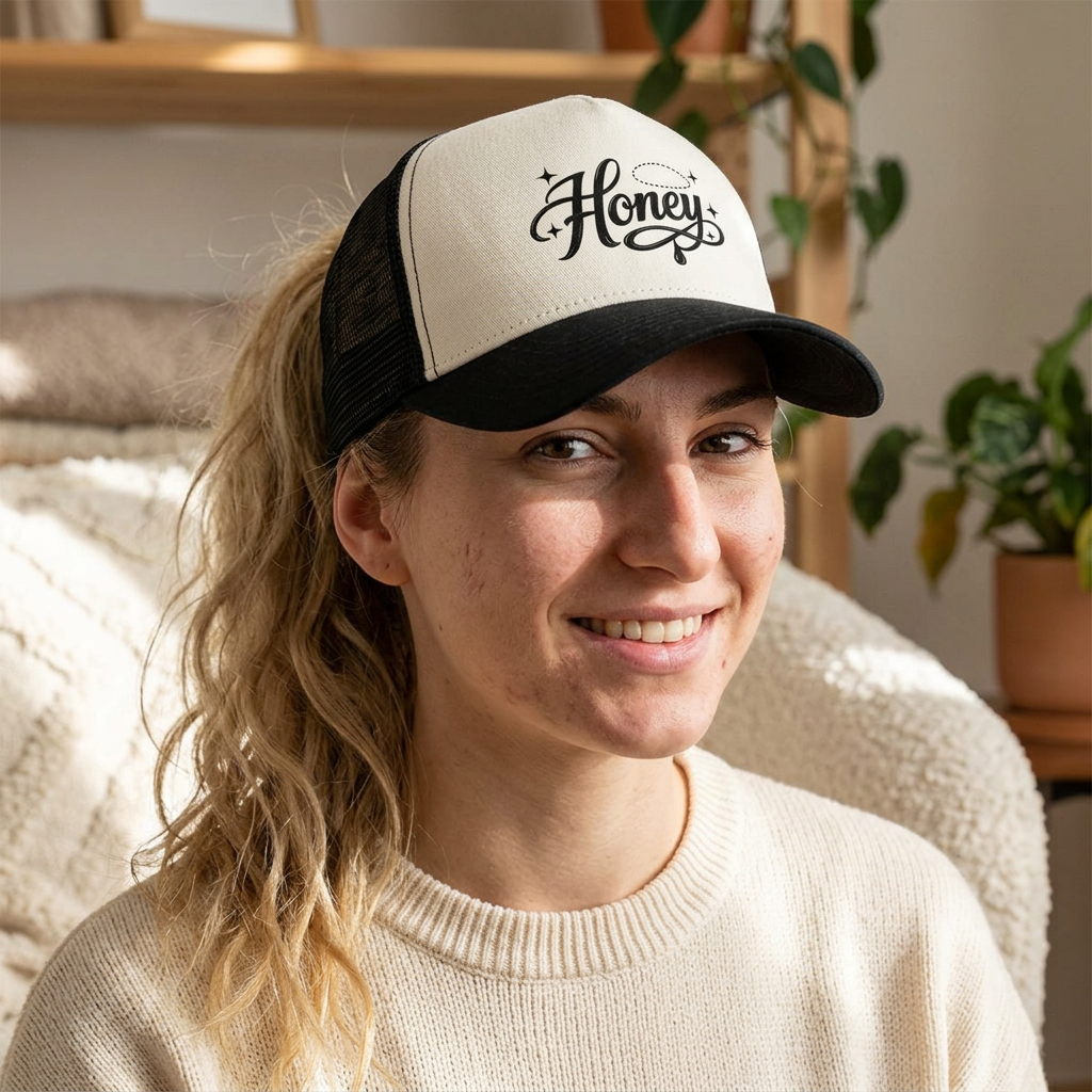 Women's Honey Script Two-Tone Cap — Vintage Handlettered Trucker Hat