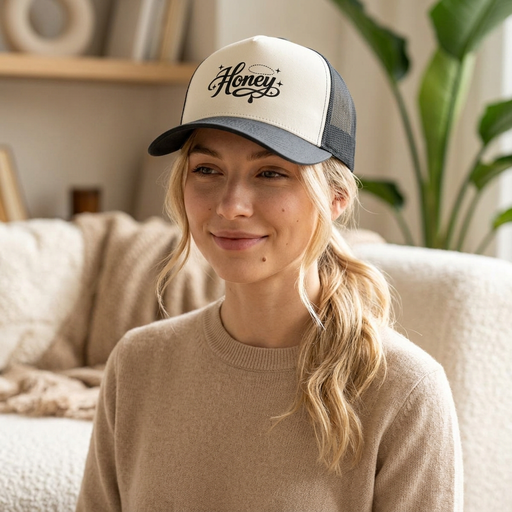 Women's Honey Script Two-Tone Cap — Vintage Handlettered Trucker Hat