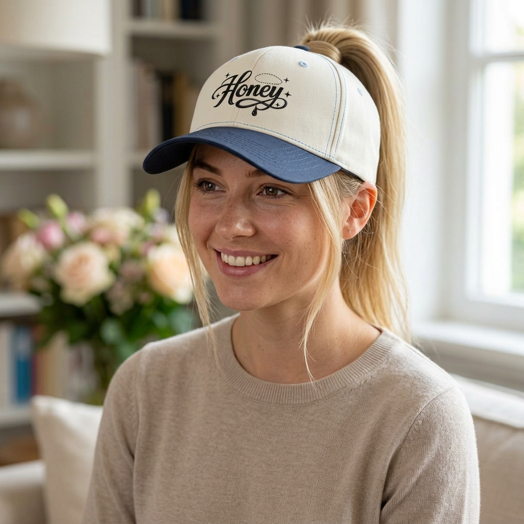 Women's Honey Script Two-Tone Cap — Vintage Handlettered Trucker Hat