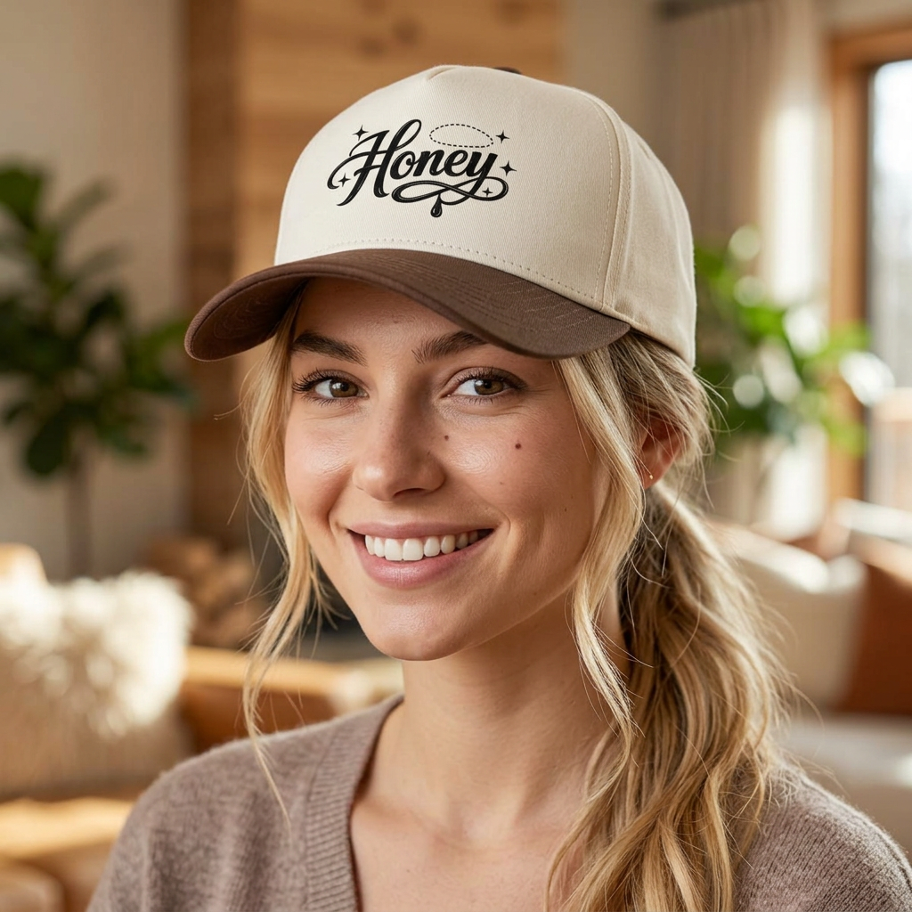 Women's Honey Script Two-Tone Cap — Vintage Handlettered Trucker Hat