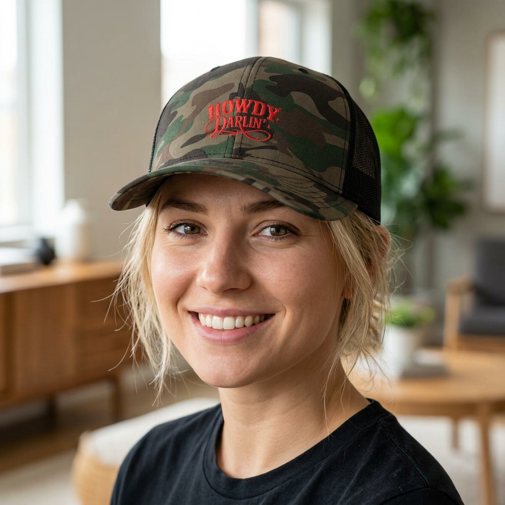 Women's Camo Trucker Hat — Embroidered "Howdy Darling" Retro Western Cap