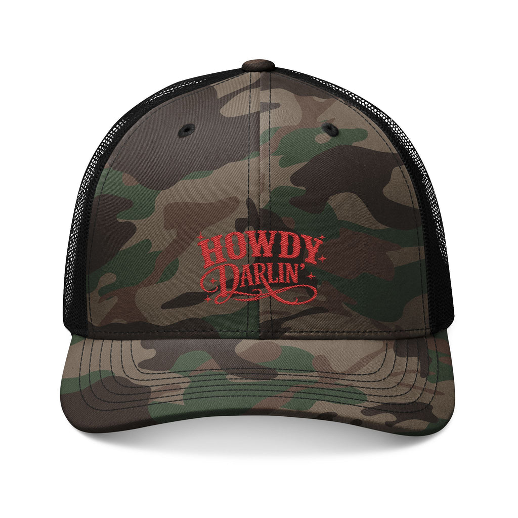 Women's Camo Trucker Hat — Embroidered "Howdy Darling" Retro Western Cap