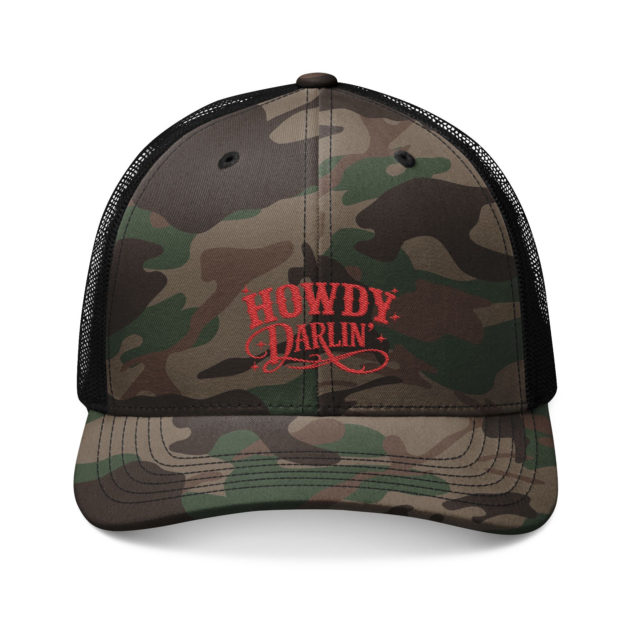 Women's Camo Trucker Hat — Embroidered "Howdy Darling" Retro Western Cap