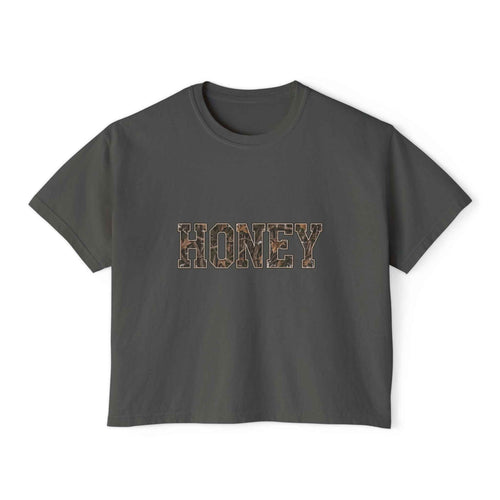 Honey Leopard Women’s Boxy Tee — Casual Graphic Crop T-Shirt